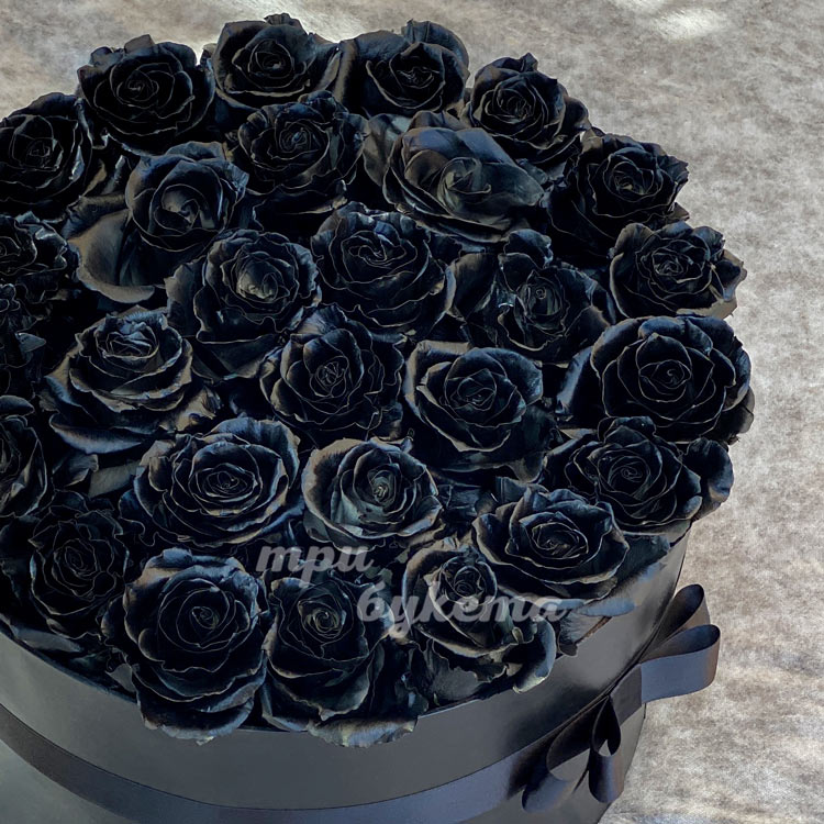 28 черных роз в шляпной коробке (крупный план)